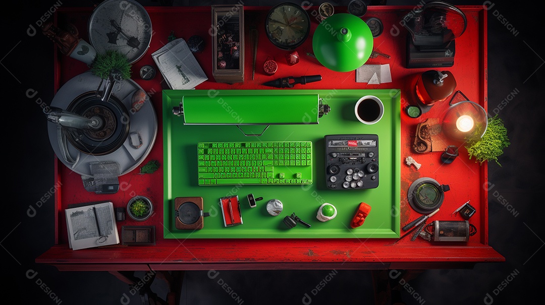 Vista superior de uma mesa com computador, xícara de café