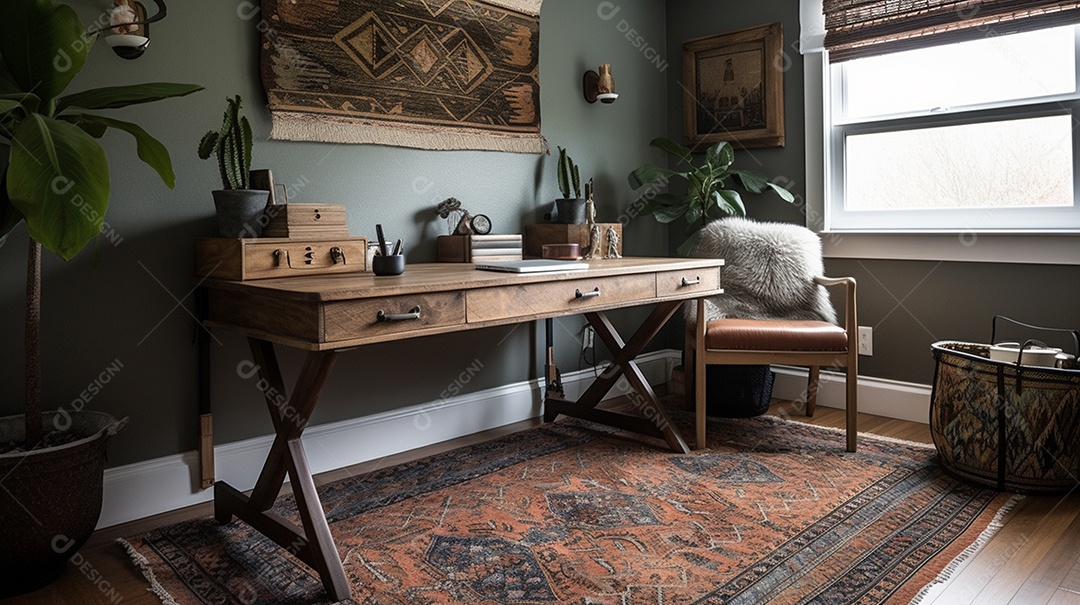 Interior de uma sala com mesa de madeira