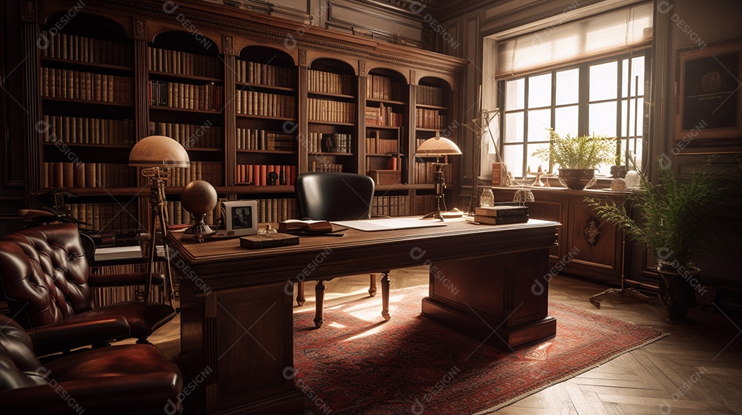 Interior antigo da biblioteca com estante e cadeira.