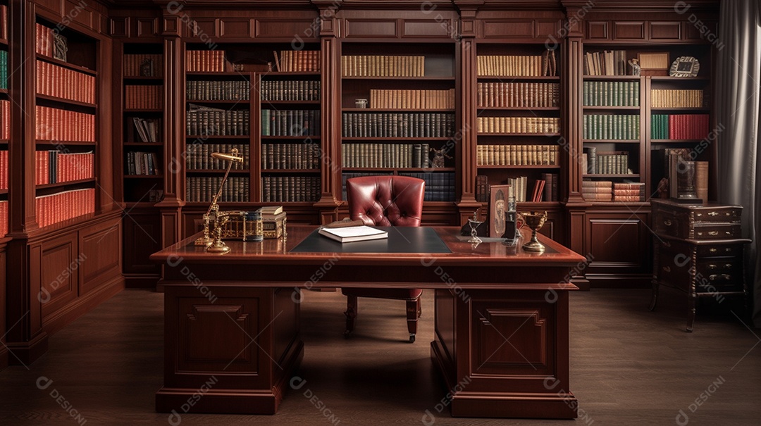 Interior antigo da biblioteca com estante e cadeira.