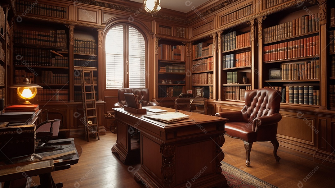 Interior antigo da biblioteca com estante e cadeira.