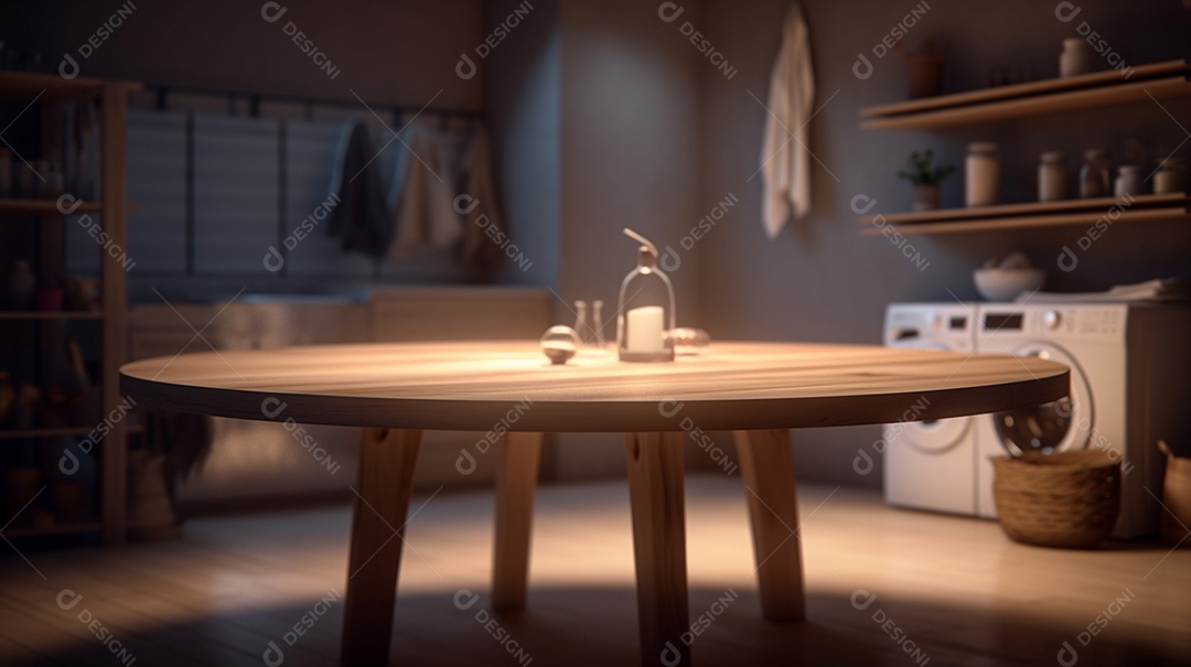 Mesa de madeira na cozinha à noite.