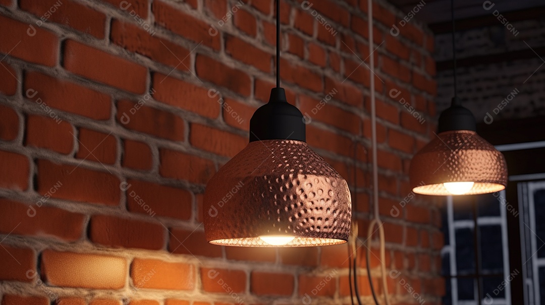 Lâmpadas vintage penduradas na parede de tijolos.