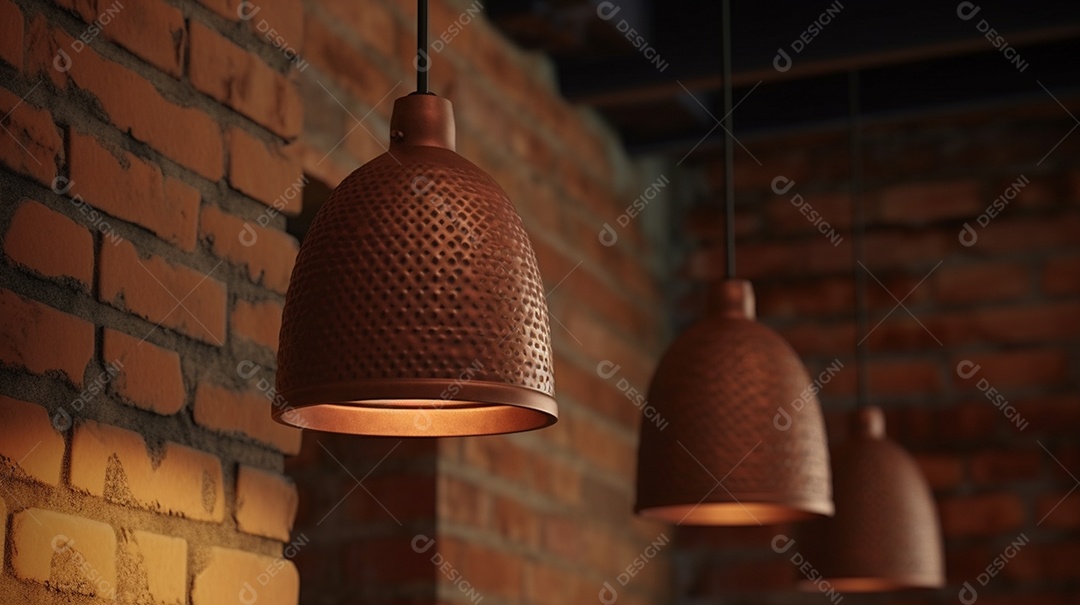 Lâmpadas vintage penduradas na parede de tijolos.