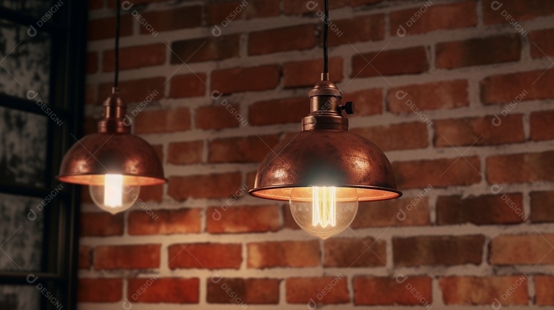 Lâmpadas vintage penduradas na parede de tijolos.