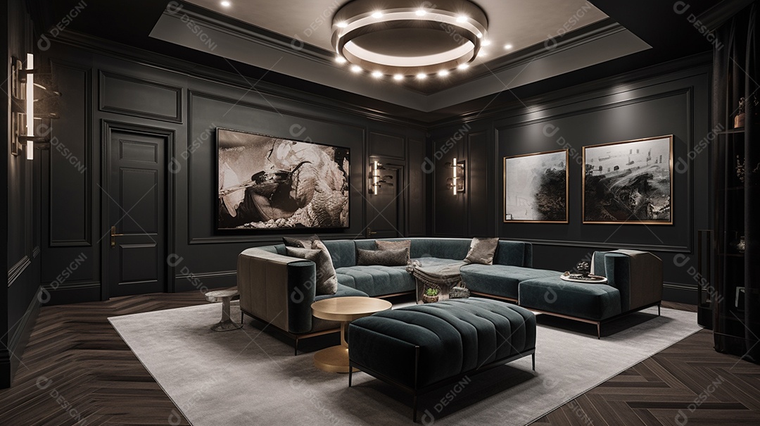 Design de interiores de sala de estar escandinavo moderno com móveis e acessórios