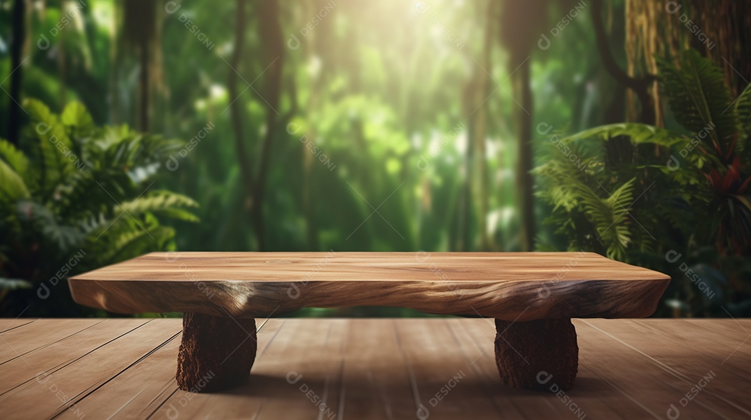 Uma mesa de madeira vazia para vitrine de produtos colocada em uma floresta tropical