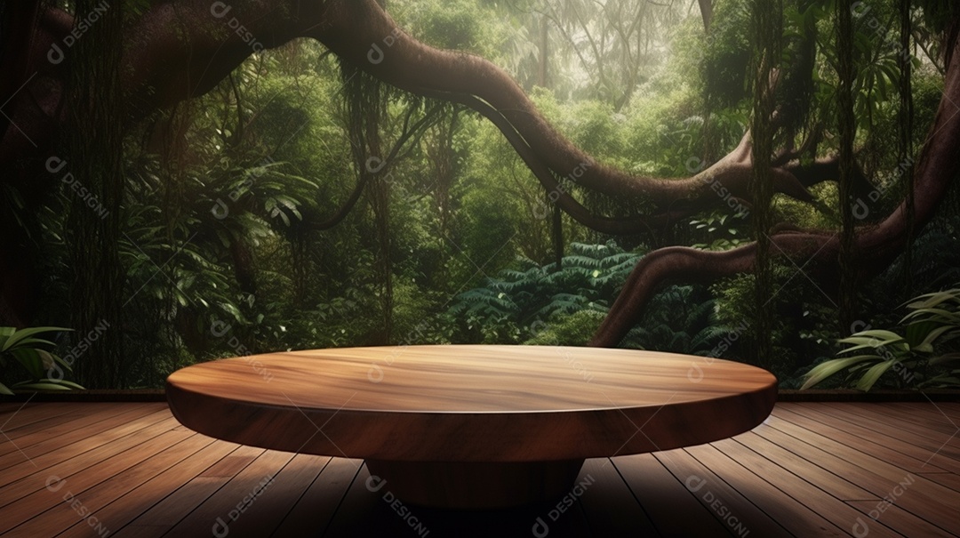 Uma mesa de madeira vazia para vitrine de produtos colocada em uma floresta tropical