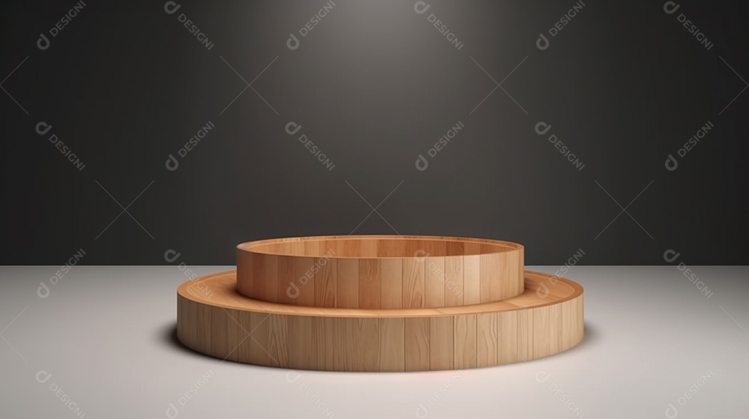 renderização 3D de um pódio de madeira em um piso de mármore branco com fundo preto