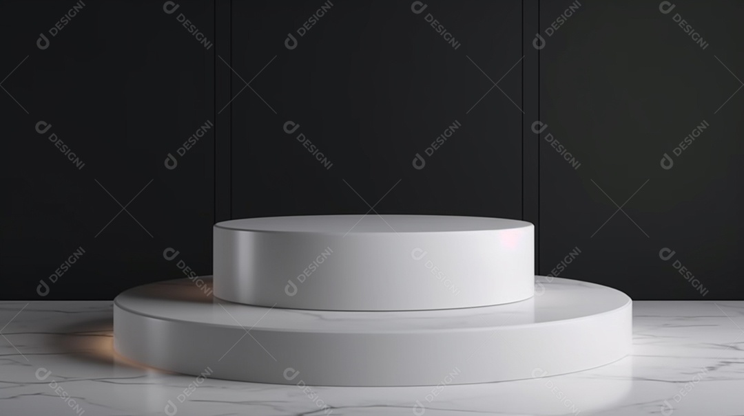 renderização 3D de um pódio branco sobre um piso de mármore branco com fundo preto