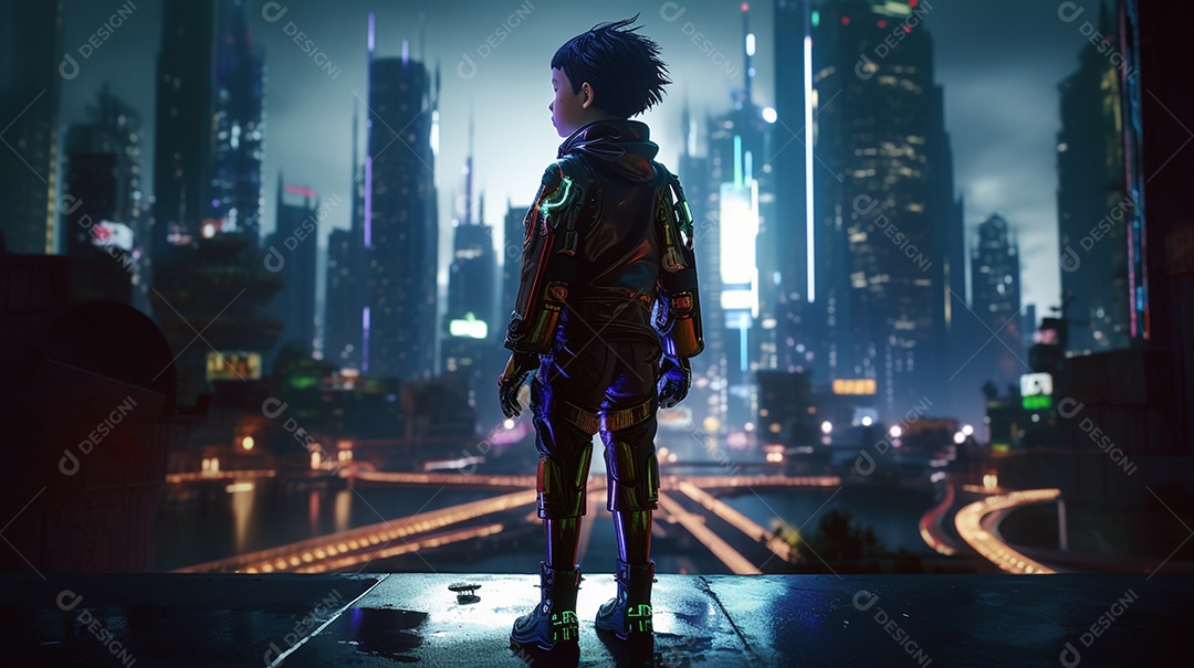 Um garoto futurista em um prédio alto olhando os prédios da cidade