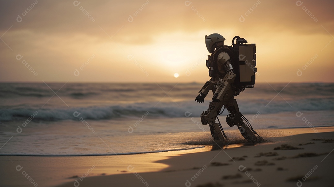 astronauta está assistindo belo pôr do sol na praia