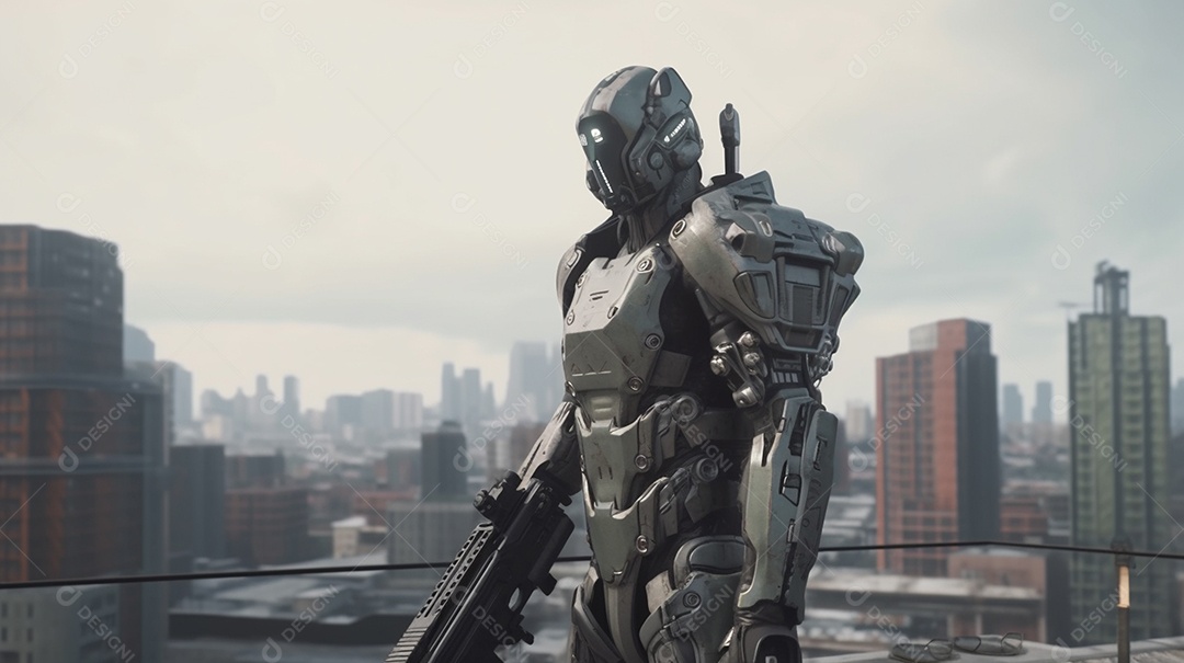 renderização 3D de um robô em uma cidade futurista de edifícios