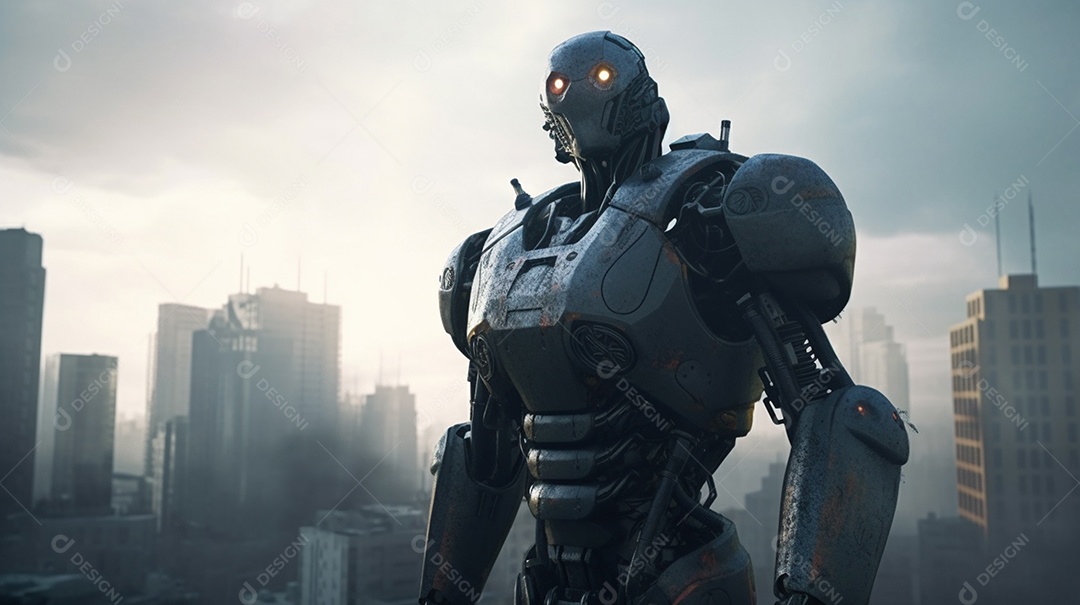 renderização 3D de um robô em uma cidade futurista de edifícios