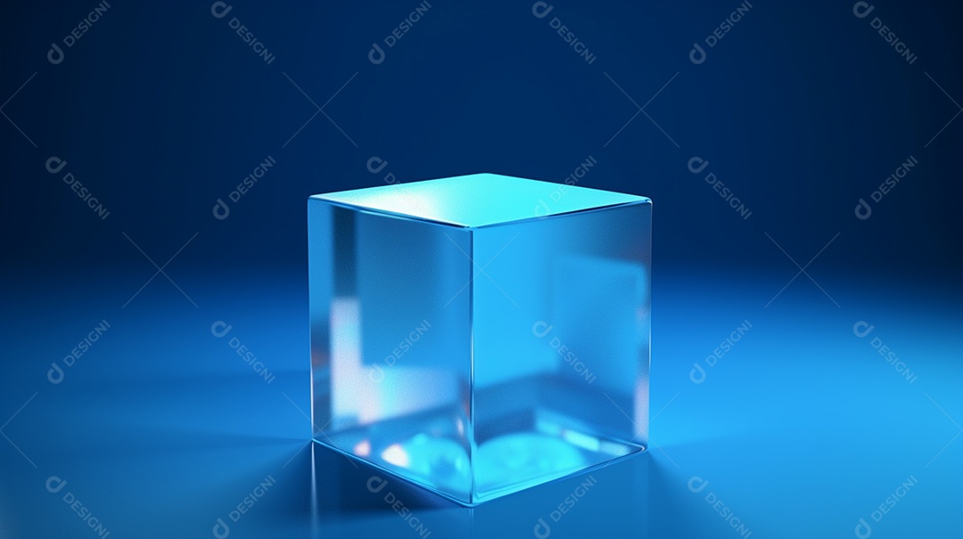 cubo de vidro 3d isolado em fundo azul escuro