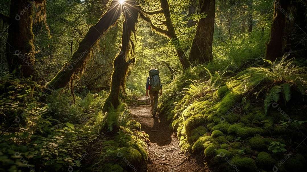 Um jovem com uma mochila está viajando por uma selva sob a luz brilhante do sol
