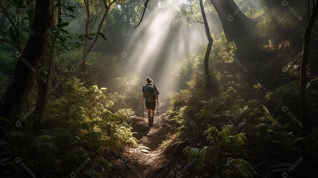 Um jovem com uma mochila está viajando por uma selva sob a luz brilhante do sol