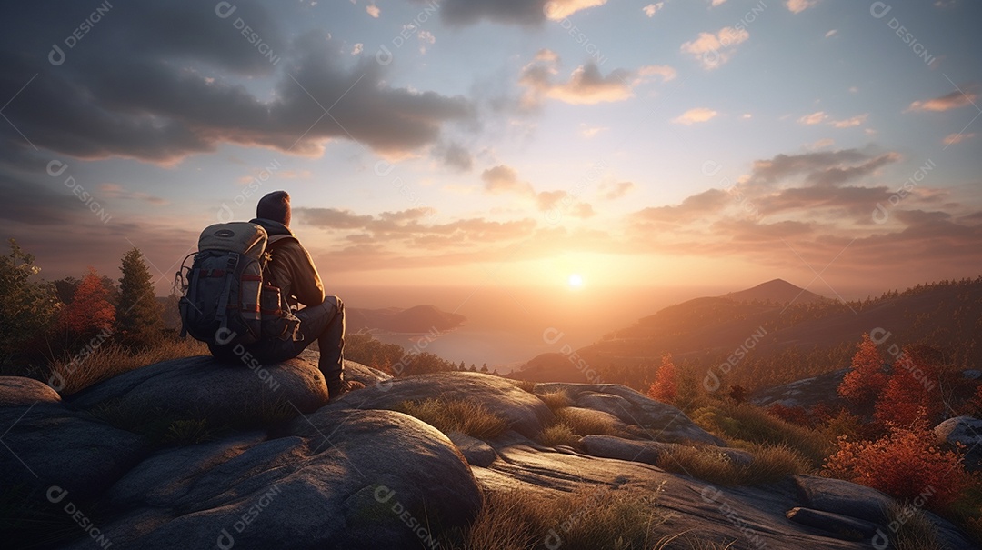 Homem sentado na rocha e observando o nascer do sol sobre o vale pela manhã