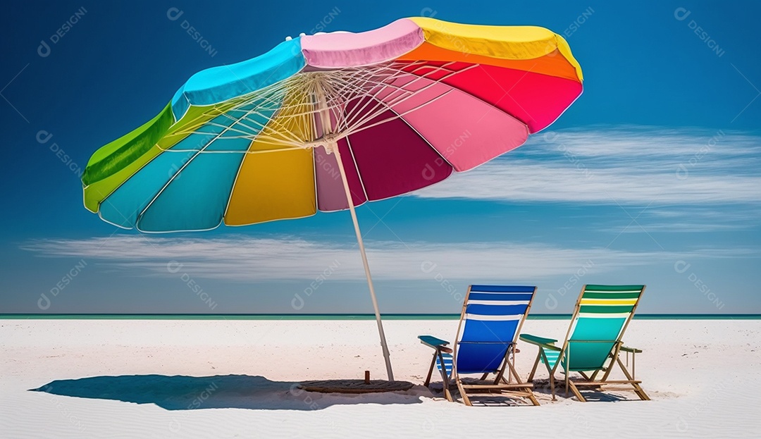 Cadeiras de praia e guarda-chuva na praia tropical. renderização 3D