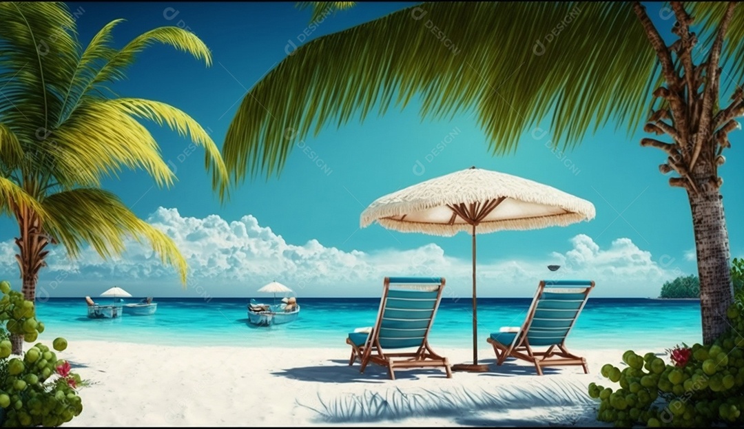 Cadeiras de praia e guarda-chuva na praia tropical. renderização 3D