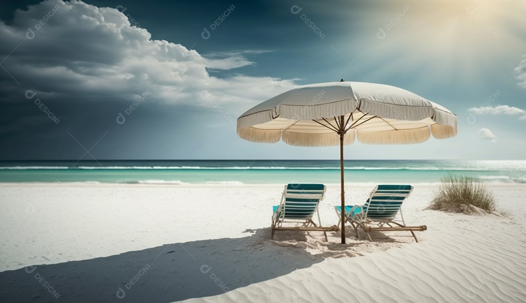 Cadeiras de praia e guarda-chuva na praia tropical. renderização 3D