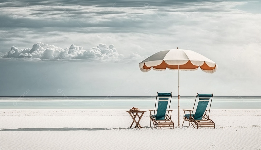 Cadeiras de praia e guarda-chuva na praia tropical. renderização 3D