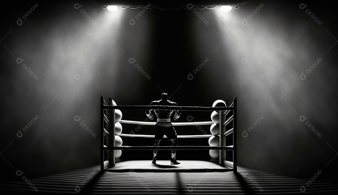 Silhueta de um boxeador no ringue seguindo o holofote sobre ele, fundo escuro