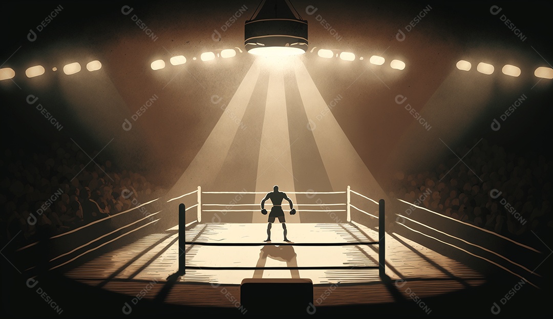 Silhueta de um boxeador no ringue seguindo o holofote sobre ele, fundo escuro