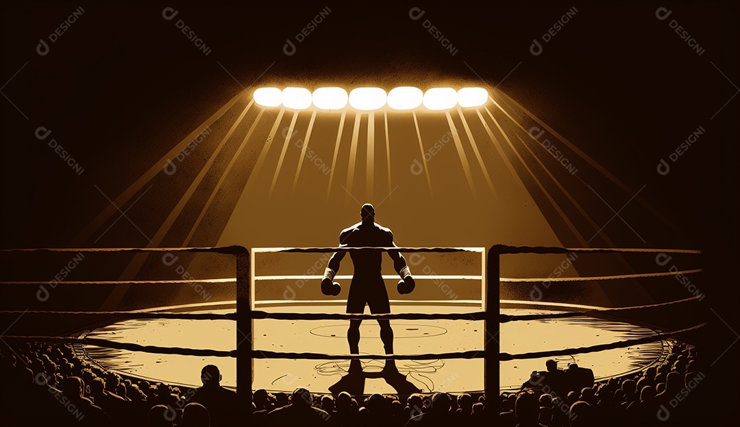 Silhueta de um boxeador no ringue seguindo o holofote sobre ele, fundo escuro