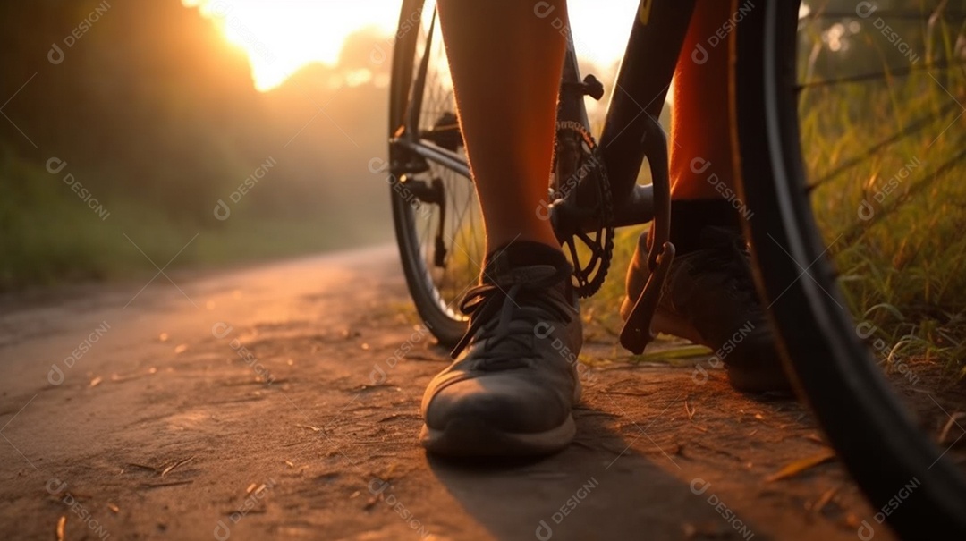 Fotografia de um jovem caminhando com uma bicicleta capturada do ângulo inferior