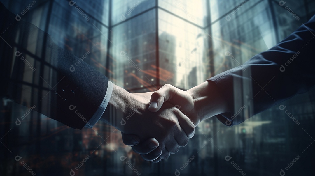 Dois empresários apertando as mãos durante a reunião, edifícios corporativos