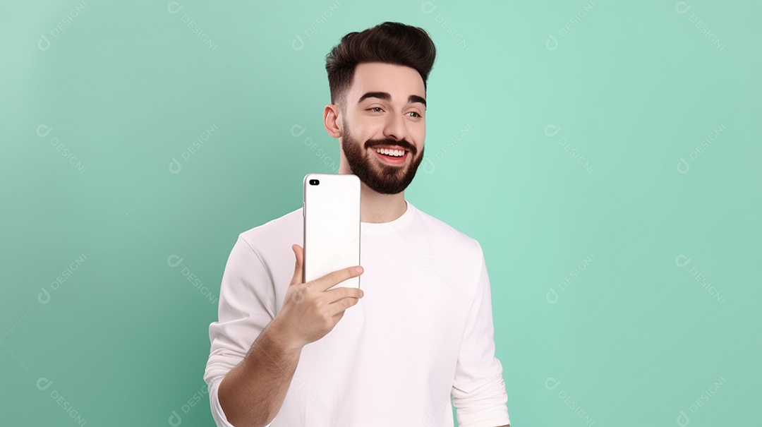 Alegre jovem mostrando smartphone em fundo turquesa