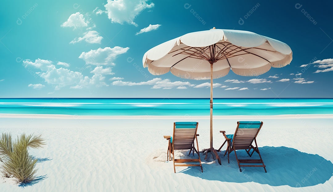 Cadeiras de praia e guarda-chuva na praia tropical. renderização 3D