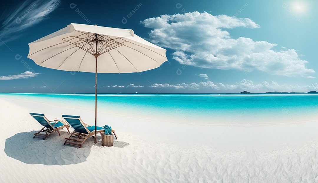 Cadeiras de praia e guarda-chuva na praia tropical.