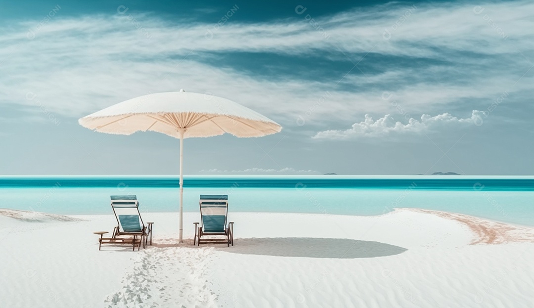 Cadeiras de praia e guarda-chuva na praia tropical. renderização 3D