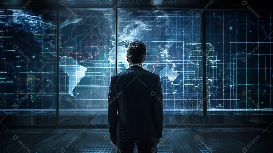 Homem de negócios que olha o mapa do mundo digital e a paisagem urbana