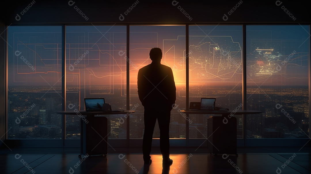 Silhueta de uma pessoa com uma mala assistindo a cena do pôr do sol da janela do prédio