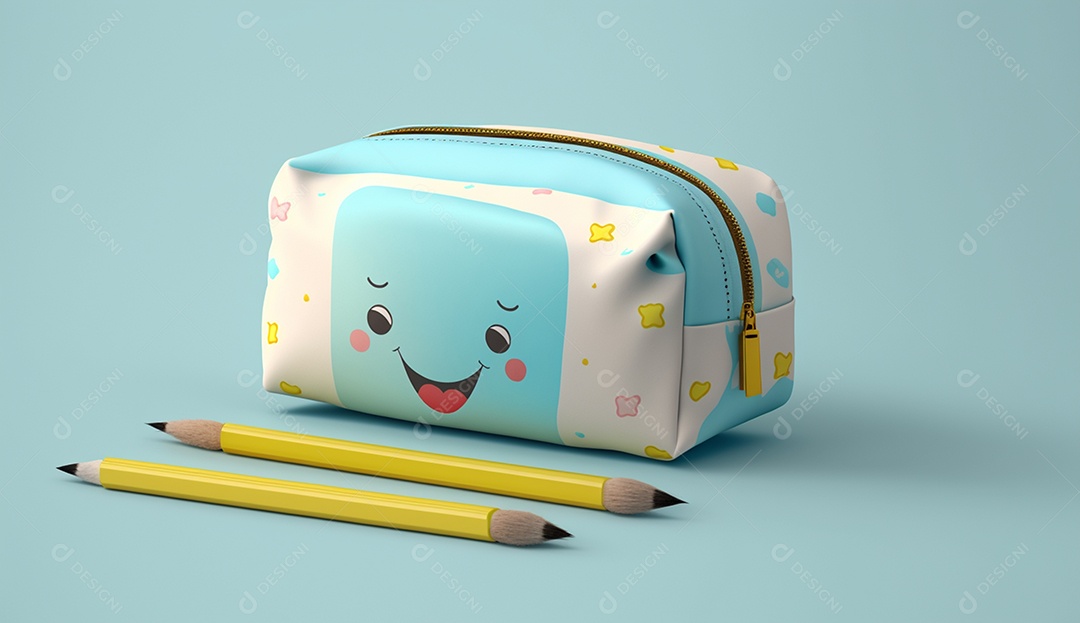 Artigos de papelaria escolar infantil em uma bolsa fofa, educação, estudo