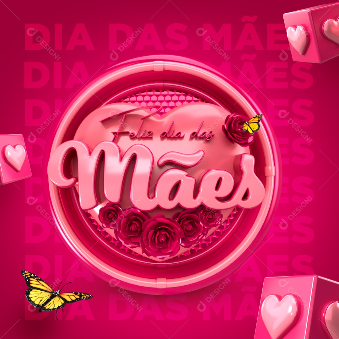 Selo 3D Rosa Feliz Dia Das Mães Coração Para Composição PSD