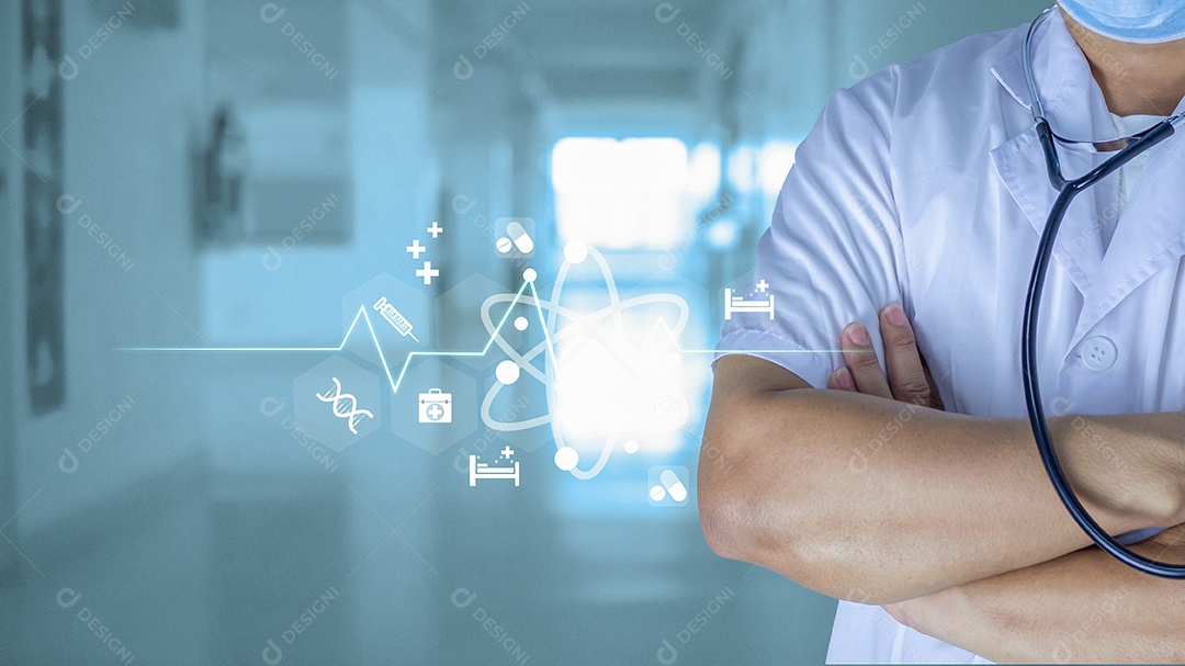 Médico de medicina com estetoscópio na mão no fundo do hospital. Tecnologia médica.