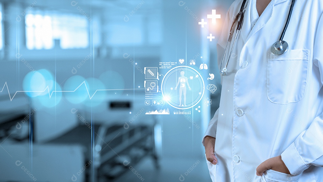 Médico de medicina com estetoscópio na mão no fundo do hospital. Tecnologia médica.