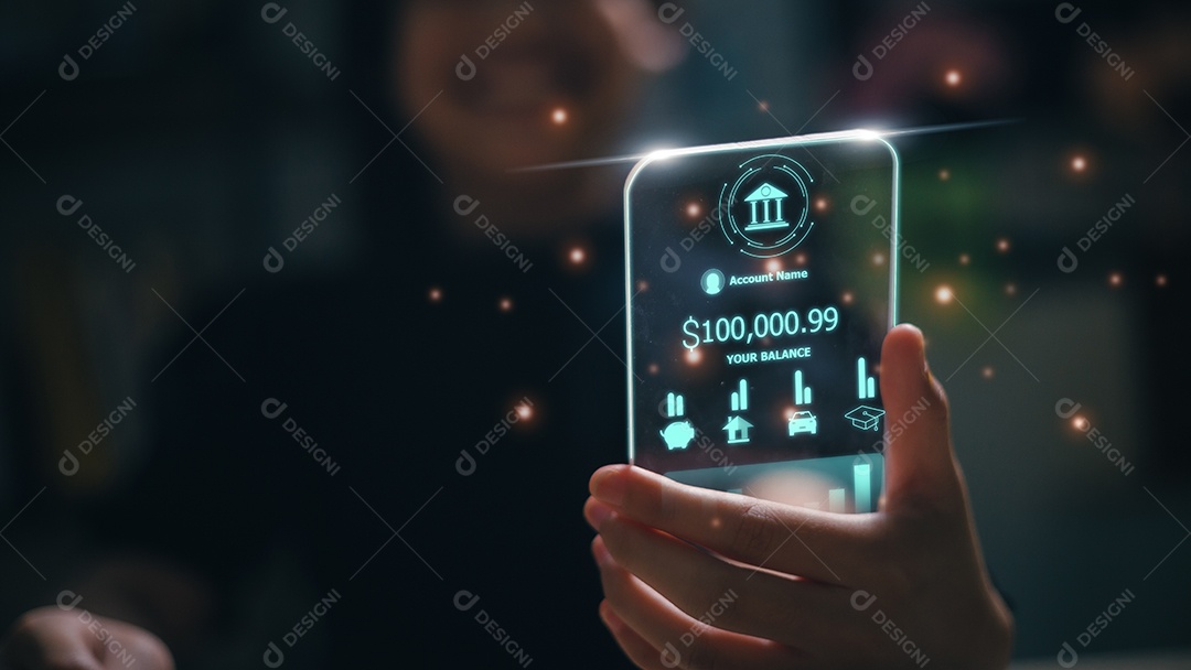 As mulheres usam smartphones para transações financeiras pessoais no banco móvel no aplicativo de tela de interface virtual futurista.