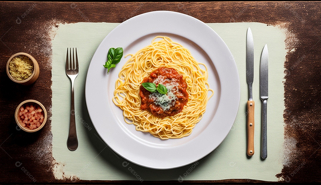Espaguete a bolonhesa na vista superior da mesa