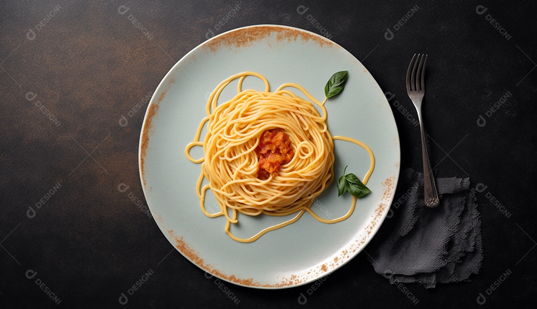 Espaguete a bolonhesa na vista superior da mesa