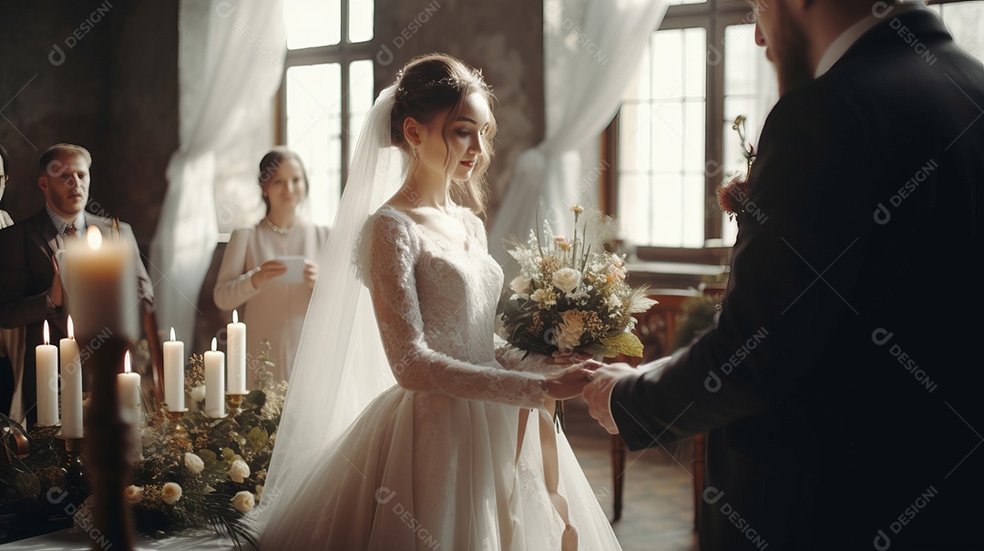 Cerimônia de casamento com casal recém-casado.