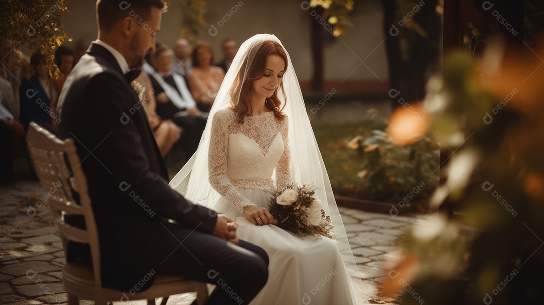 Cerimônia de casamento com casal recém-casado.