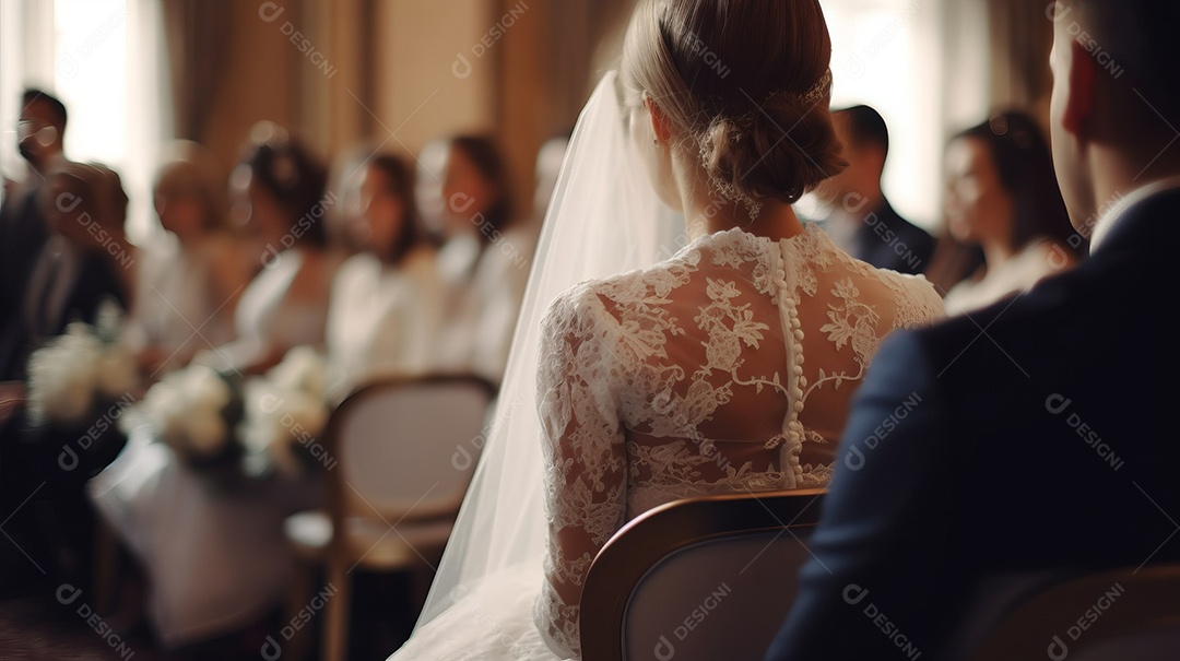 Cerimônia de casamento com casal recém-casado.