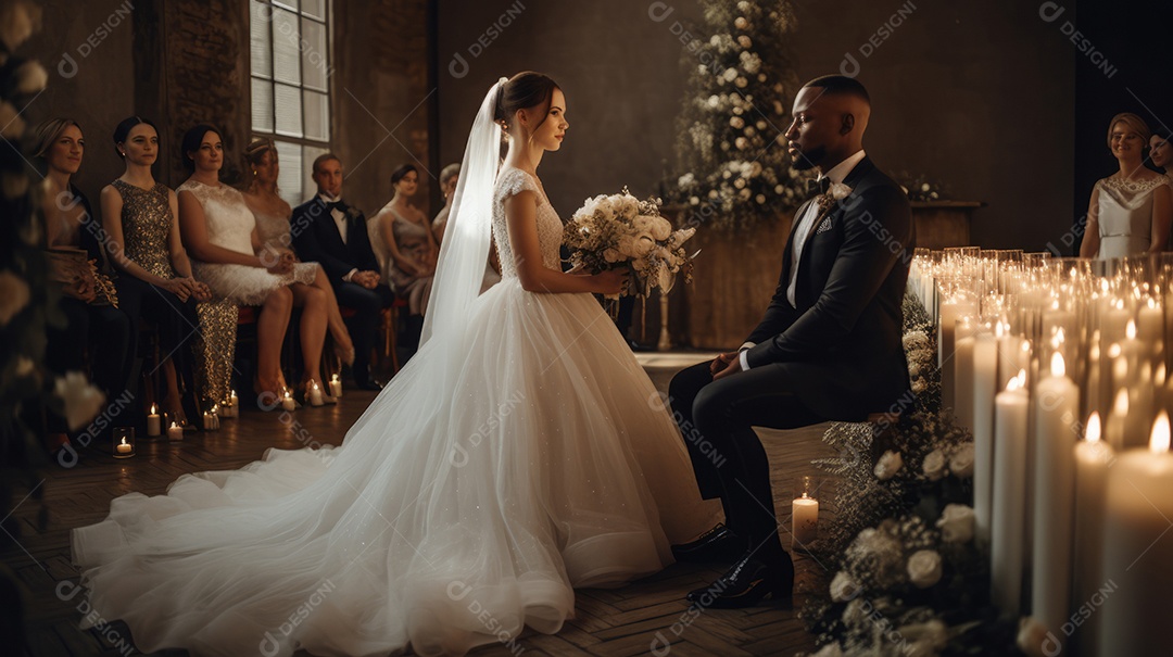 Cerimônia de casamento com casal recém-casado.