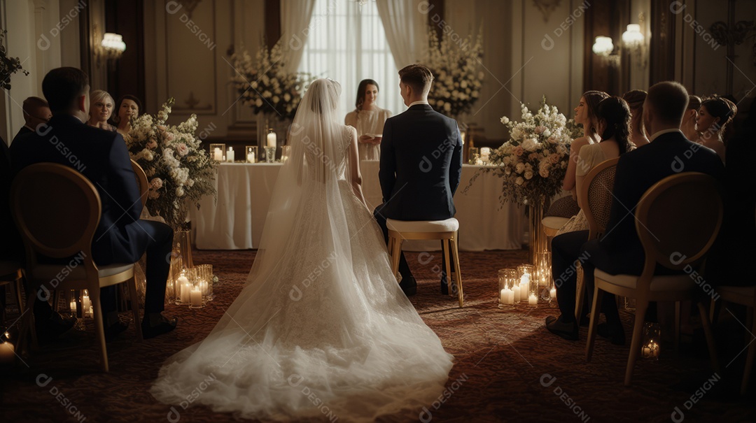 Cerimônia de casamento com casal recém-casado.