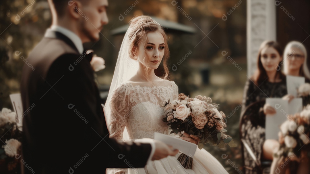 Cerimônia de casamento com casal recém-casado.